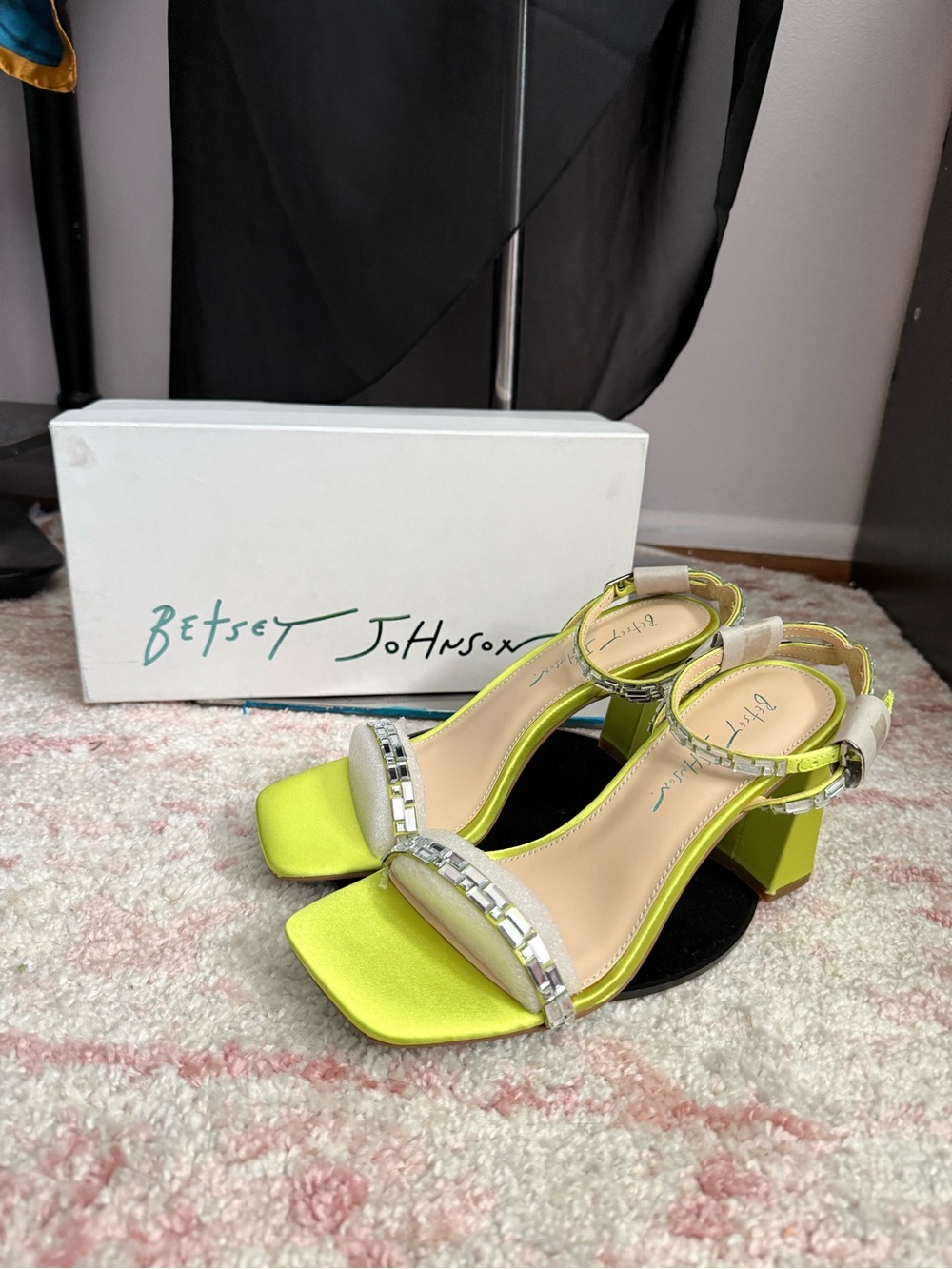 Betsey Johnson Neon Lime Rhinestone Block Heel Sandals - Picture 2 of 5